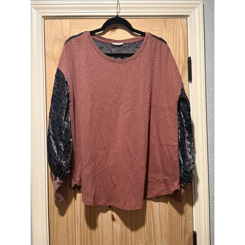 Mystree Top Women Large Pink Mixed Media Burnout Velvet Floral Long Sleeve Boho